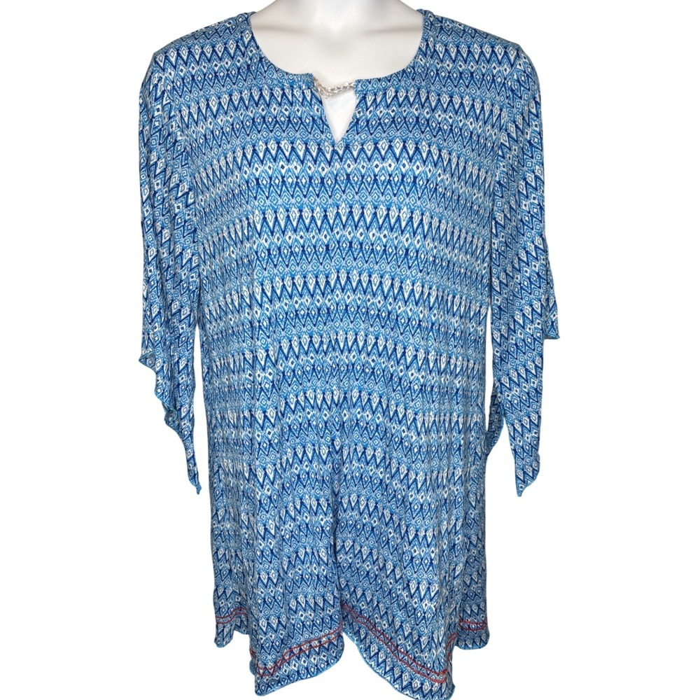 Ellen Tracy Womens Blue Geometric Tie Sleeve Tunic‎ Top XL Breezy Travel Coastal